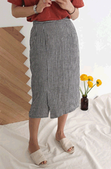 チェック柄スリットスカート (リネン100%)[size:XS~M(ウエストゴム) / 3color]